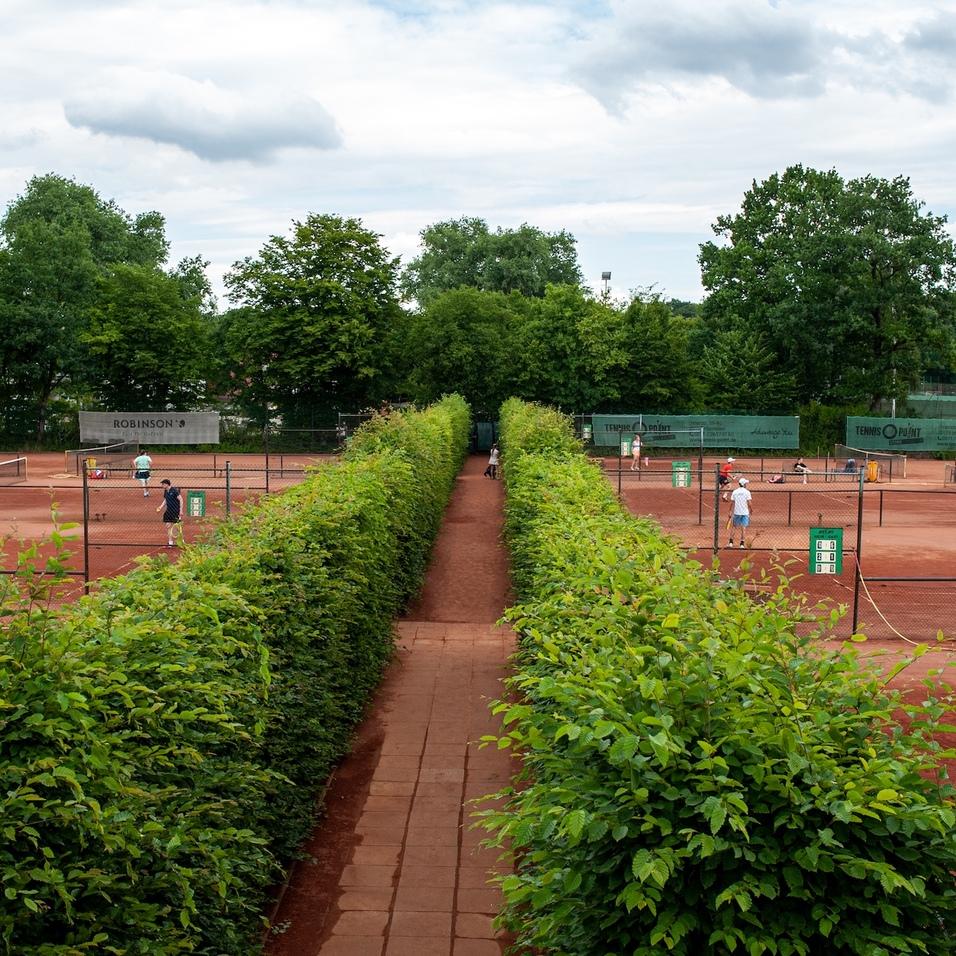Blick auf mehrere Tennisplätze, umgeben von gut gepflegten Hecken und grünen Bäumen am Himmel mit Wolken.